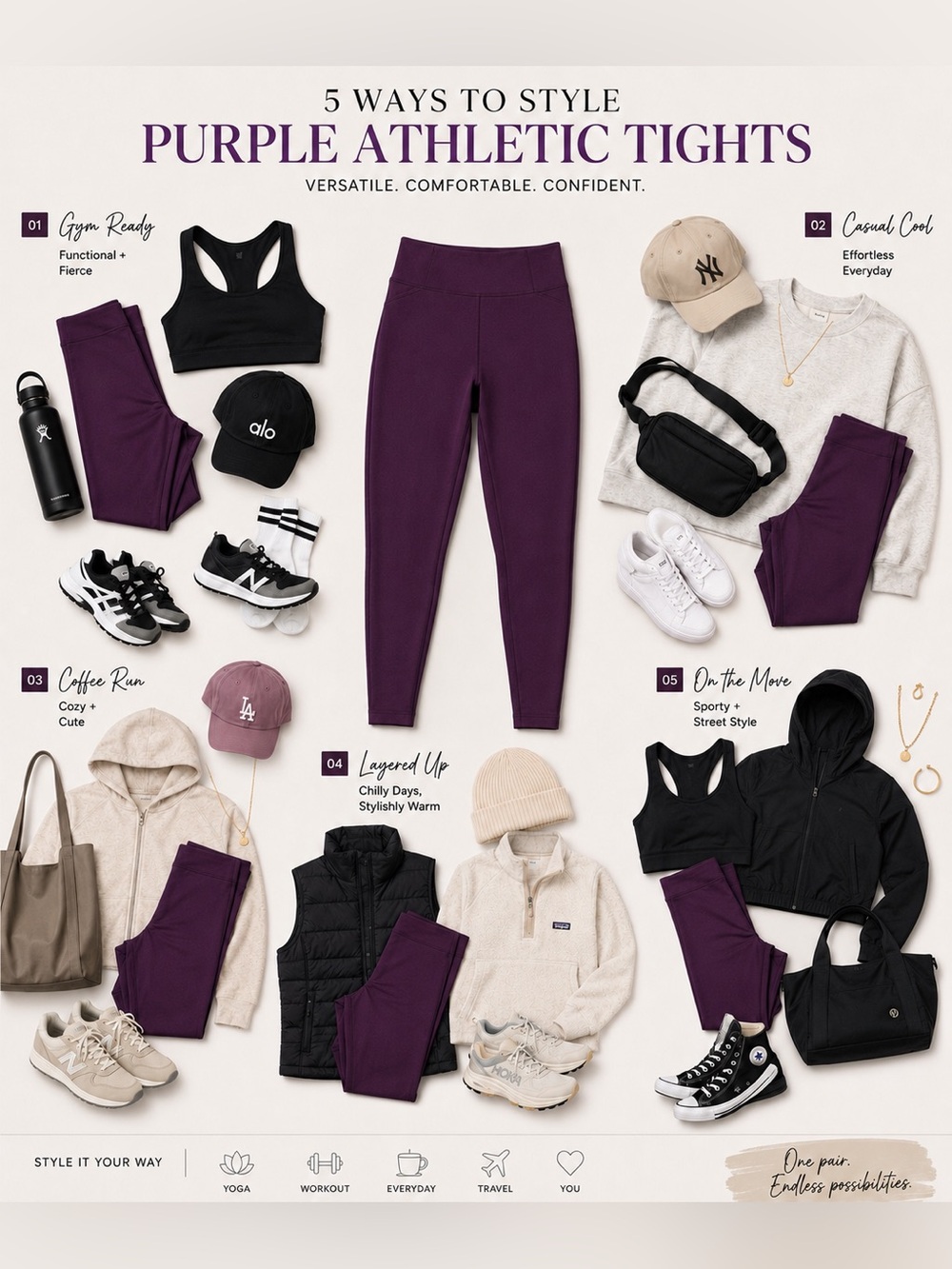 Hyba High Rise Athletic Leggings XL Purple Performance Workout Tights - Picture 2 of 5